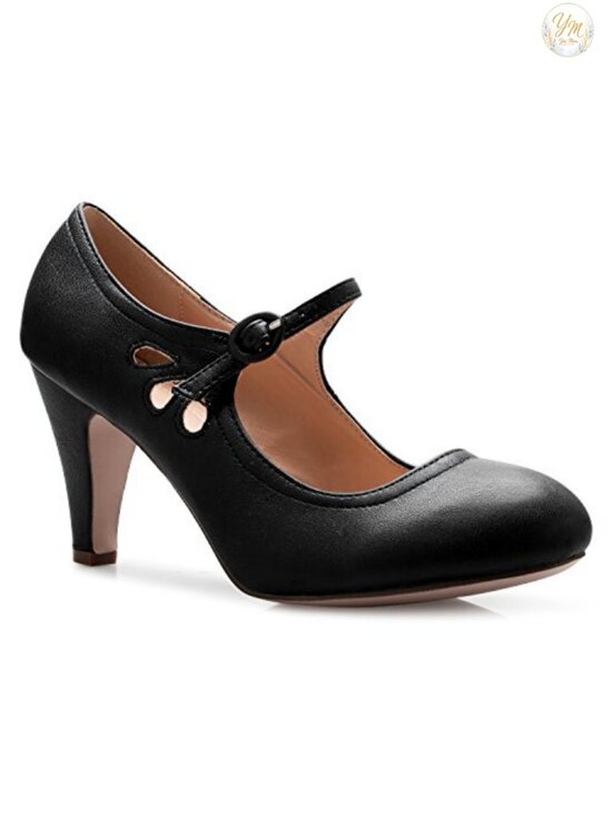 Shoes - Vintage Kitten Heel Mary Jane Pumps - Faux Leather Round Toe